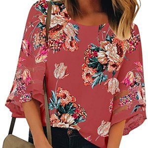 Women's Casual Crew Neck Bell Sleeve Floral Blouse